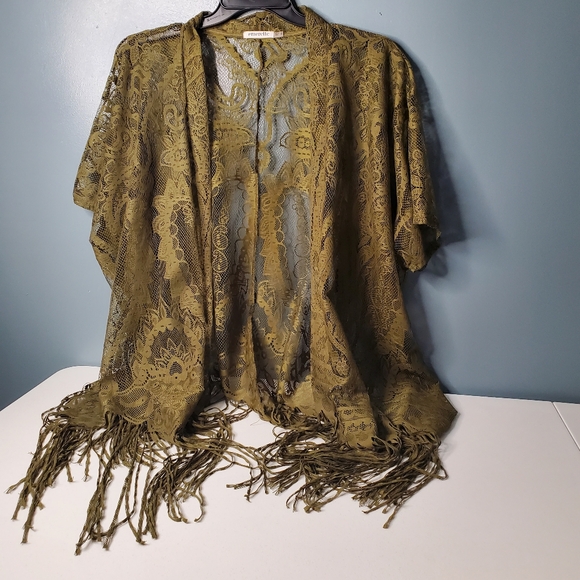 EMERETTE OPEN MESH Cover Up DARK GREEN Shawl SZ M Kimono FRINGE GREAT CONDITION - Picture 12 of 14